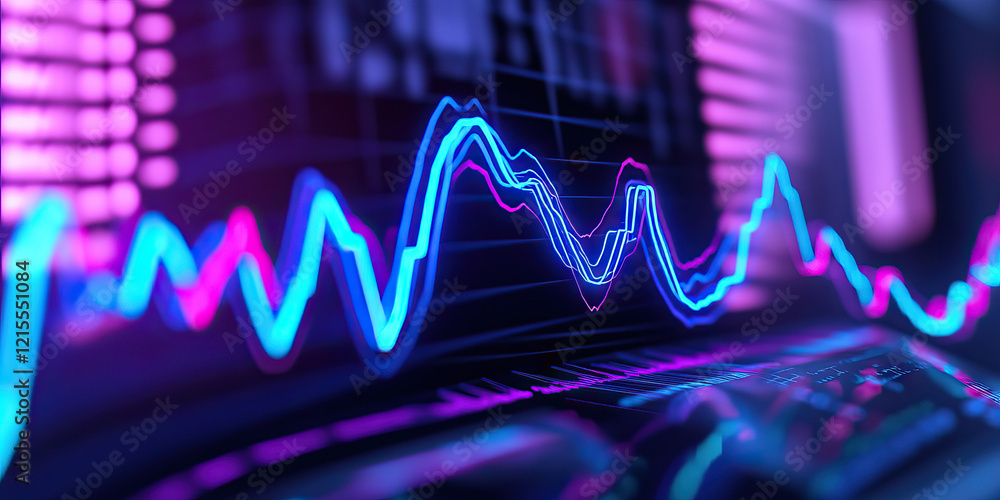 Poster neon-colored financial data graphs on computer screen