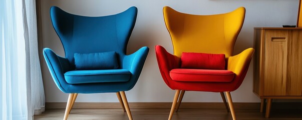 Vibrant modern armchairs in blue and yellow with cushions in a stylish living room