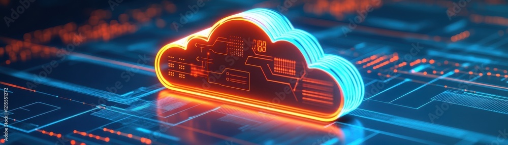 Poster a vibrant digital cloud icon with a futuristic design, representing data storage and connectivity in