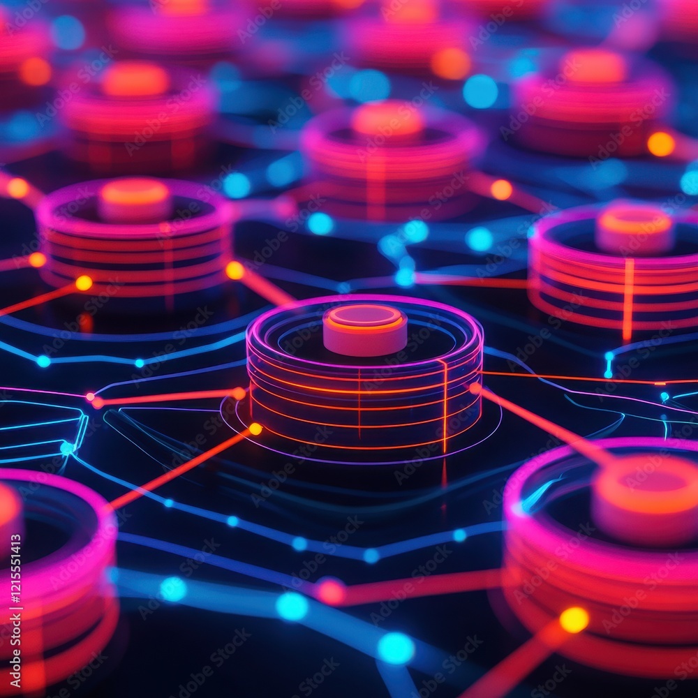 Poster a vibrant abstract illustration showcasing interconnected data nodes in neon colors, symbolizing mod