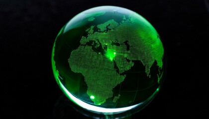 Fototapeta premium 투명한 구체 안에 떠 있는 세계 지도에서, 특정 한 대륙이 형광 초록빛으로 빛나는 모습