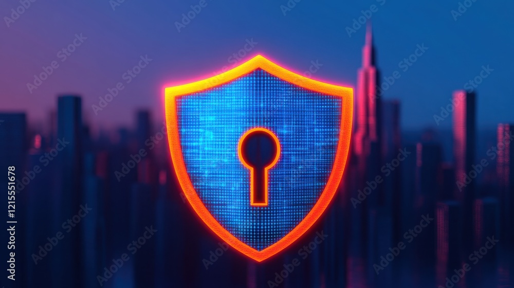 Poster a vibrant digital shield symbolizing cybersecurity with a keyhole, representing data protection in a
