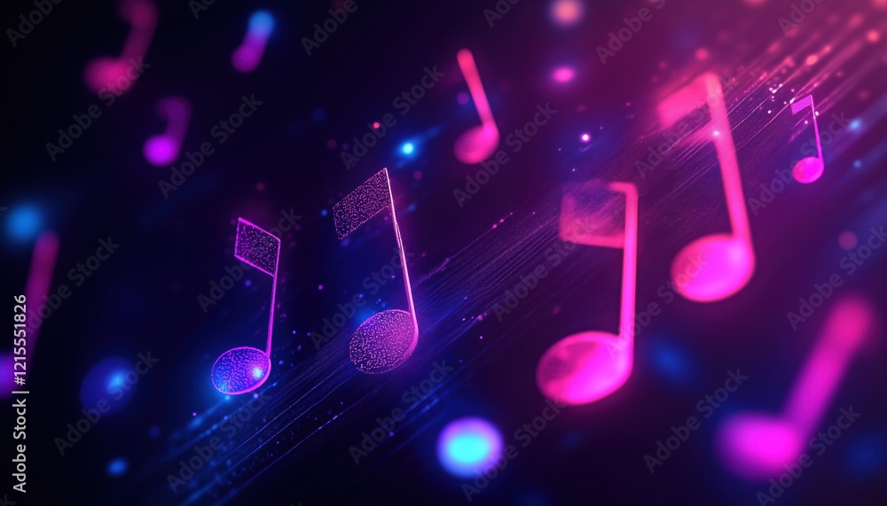 Poster music notes illuminated by dark neon light, creating a striking visual effect in a digital rendering