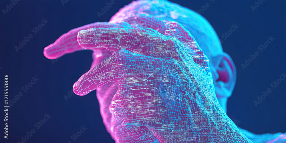 Poster digital wireframe human head and hands with embedded code