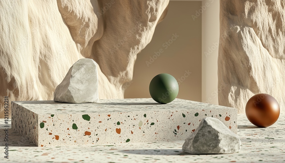 Poster terrazzo ure podium mockup showcase in square setting with green rock and brown ball - 3d rendering 