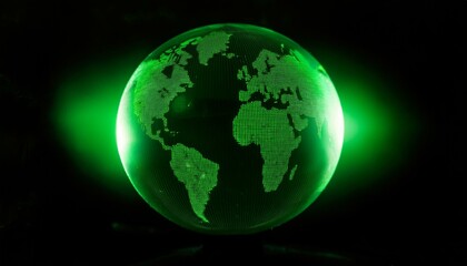 Fototapeta premium 투명한 구체 안에 떠 있는 세계 지도에서, 특정 한 대륙이 형광 초록빛으로 빛나는 모습