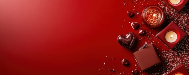 Fototapeta premium Red valentine's day background with candles, heart-shaped chocolates, and glittering decorations