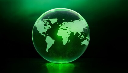 Fototapeta premium 투명한 구체 안에 떠 있는 세계 지도에서, 특정 한 대륙이 형광 초록빛으로 빛나는 모습