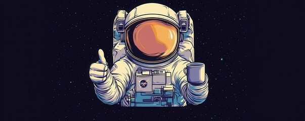 Astronaut giving thumbs up while holding a mug in space illustration