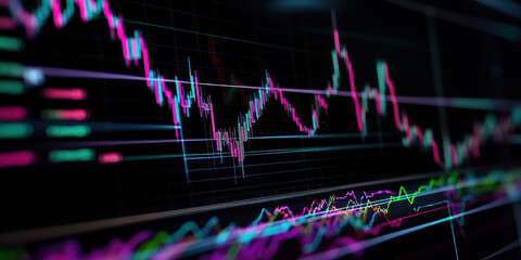 Multicolored Candlestick and Line Graphs on Digital Display