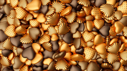 Golden and chocolate hearts background for Valentine's Day. Pile of hearts. Romantic backdrop. 3d render illustration