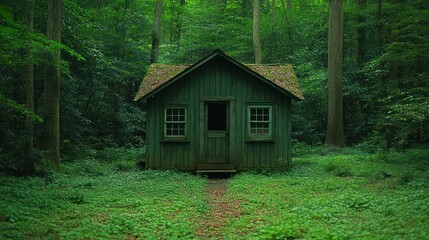Secluded forest cabin, overgrown path, nature background, tranquil escape