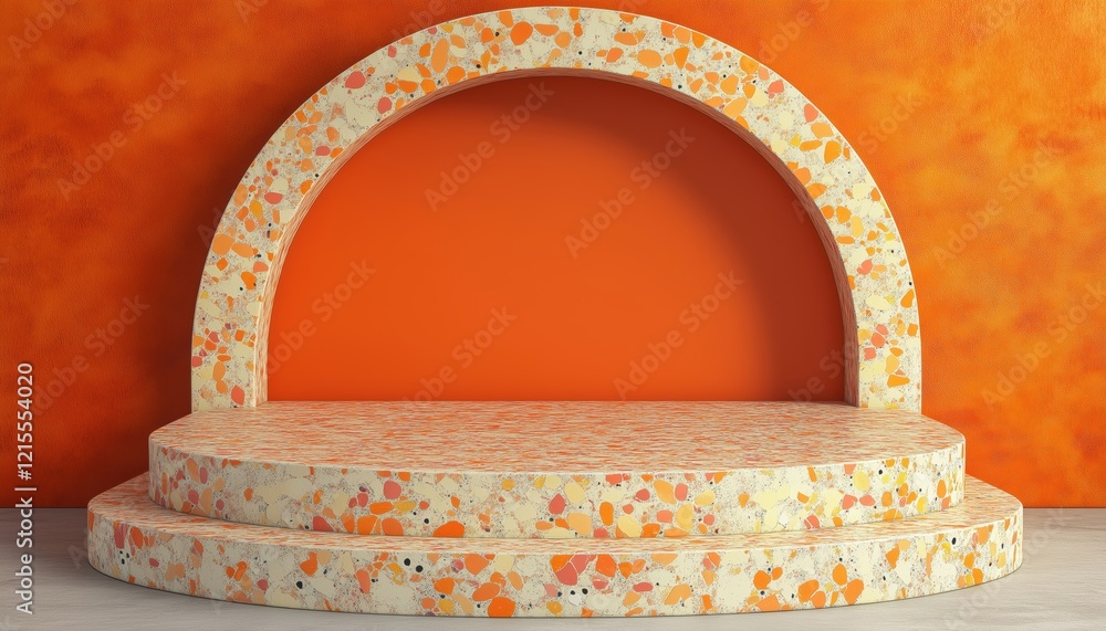 Poster orange terrazzo ure rendering mockup template of round podium in square with arch transformed into t