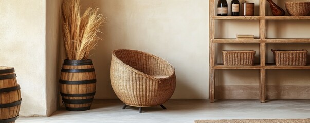 Rustic interior design with wicker chair and wooden shelves in cozy living space