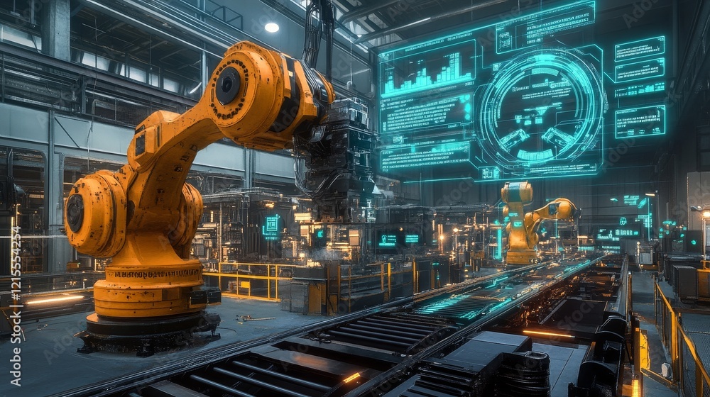 Poster exploring advanced industrial robotics implementations within a hightech manufacturing facility envi