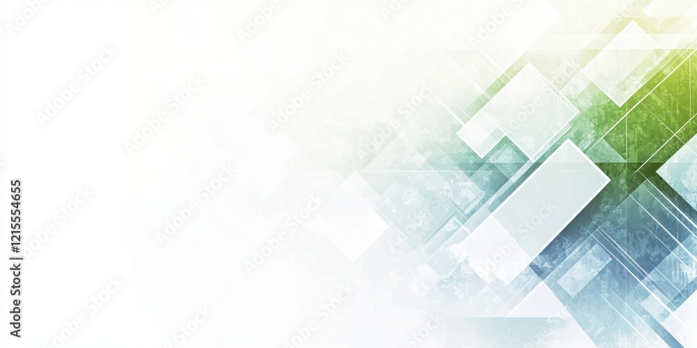 Poster light blue and green geometric background with arrows, white color blocks, and a light gray gradient