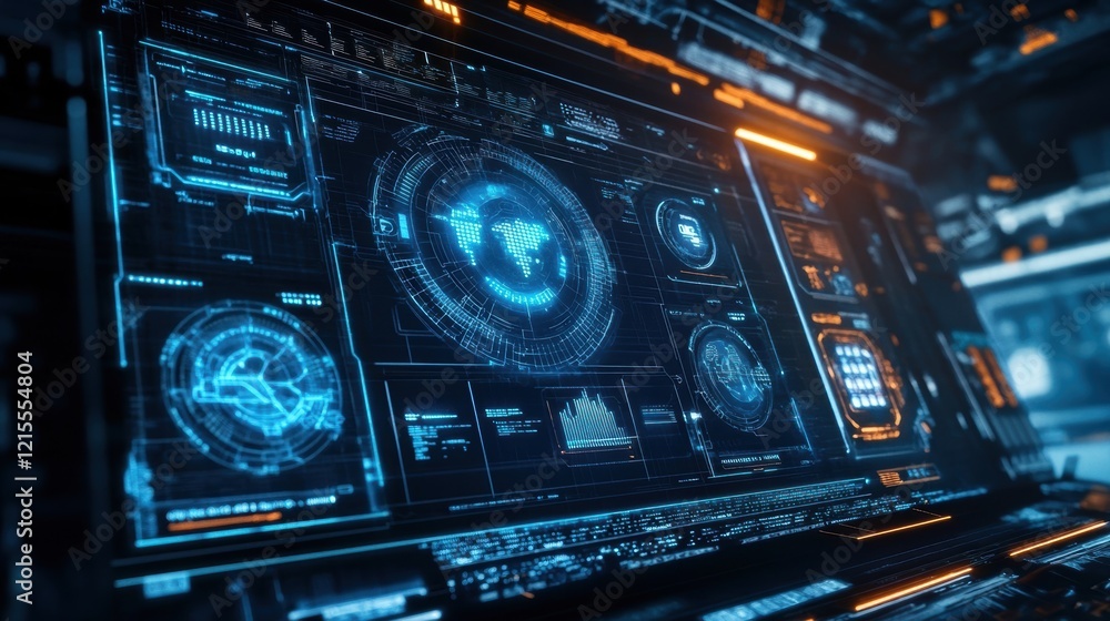 Poster displaying a complex digital interface with a world map, data analysis charts, and metrics, suggesti