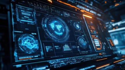Fototapeta premium Displaying a complex digital interface with a world map, data analysis charts, and metrics, suggesting a sophisticated global monitoring system in a futuristic setting