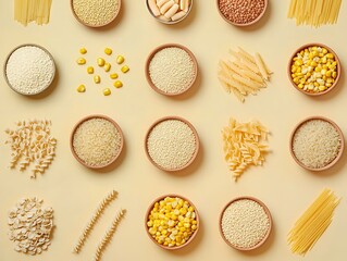 A high-definition flat lay of various dried grains such as quinoa, rice, and barley, pasta like spaghetti, and assorted canned foods like corn and peas, all displayed on a neutral-toned surface.