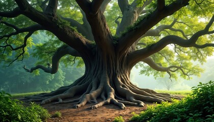 Fototapeta premium Ancient sprawling tree dominates landscape. Huge trunk, roots spread widely. Green foliage fills branches, ground. Natural scene. Sunny outdoor image. Strong, ancient tree represents wisdom,