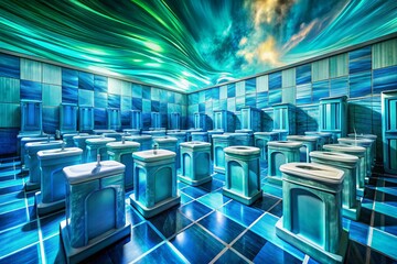 Obraz premium Surreal Double Exposure: Blue Toilet Cistern Blocks & Abstract Forms