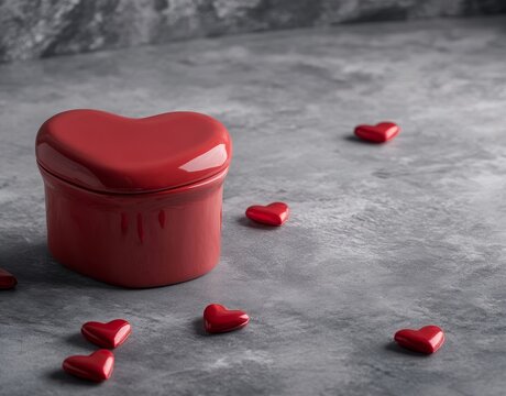 Un piccolo regalo in forma di cuore con un fiocco bianco, situato su un tavolo grigio