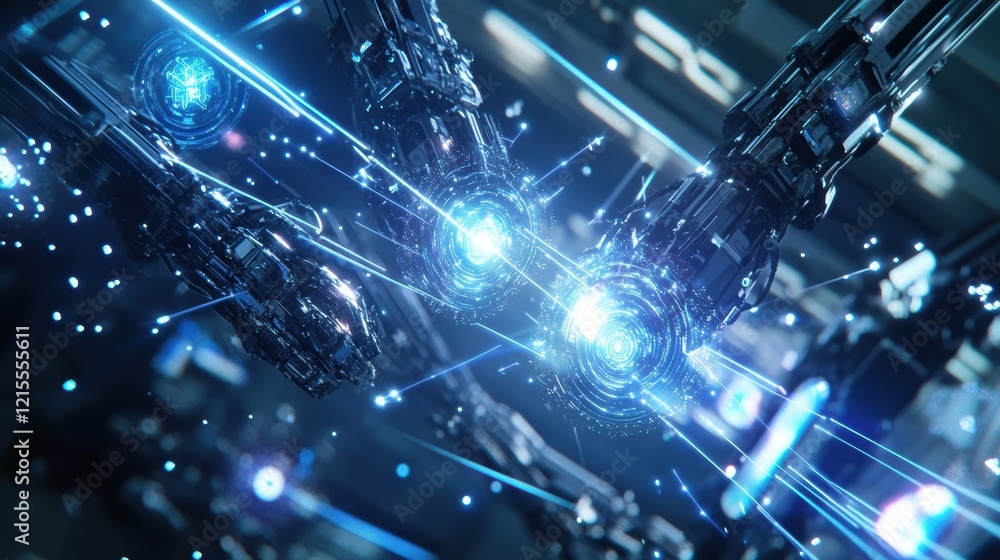 Poster futuristic robotic arms transferring energy beams in a dark technological environment, creating a po