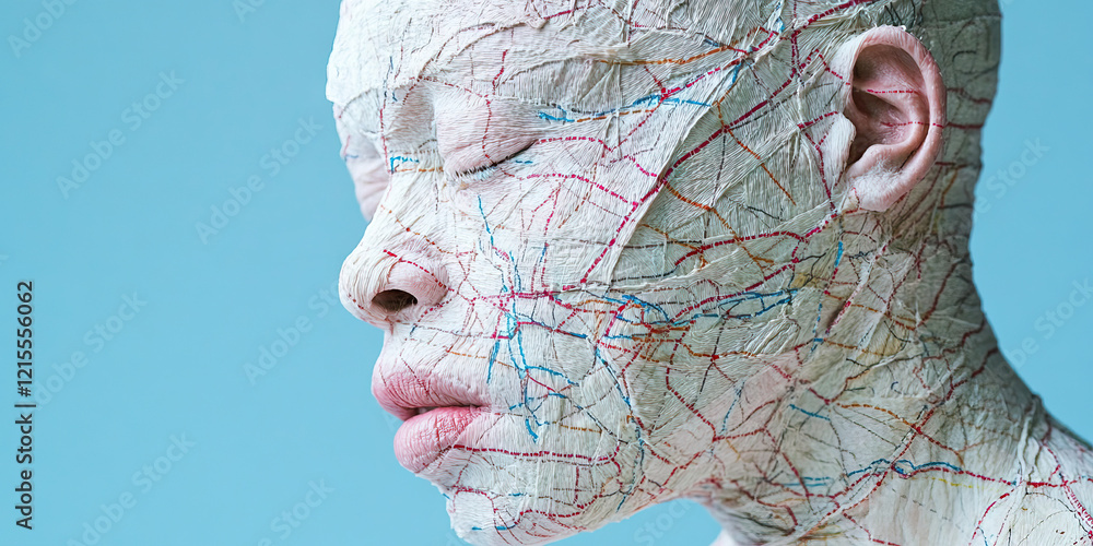 Aufkleber profile of a face covered with textured material and linear markings