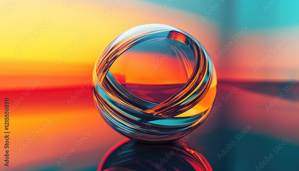 Poster digital rendering of transparent ball surrounded by rings depicts a clear sphere encased by circular