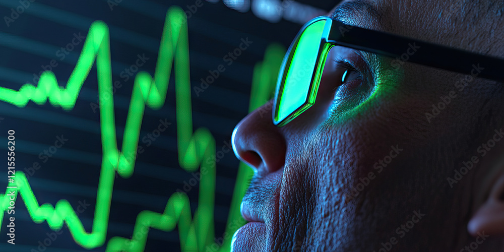 Poster close-up of person viewing green line graph on computer screen