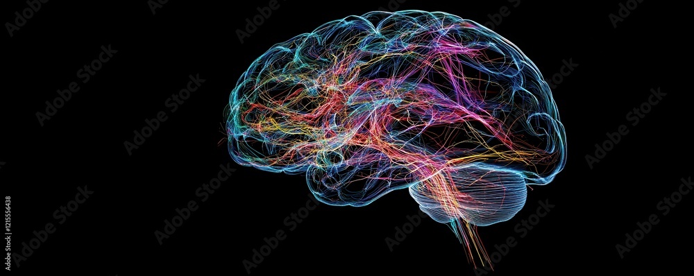 Poster vibrant neural network visualization of human brain synapses on black background