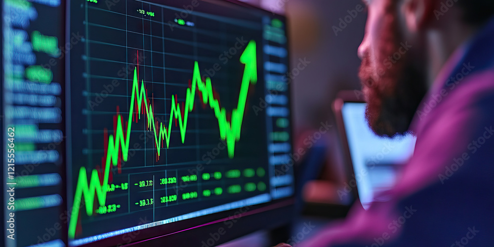Poster man reviewing financial graph on computer monitor