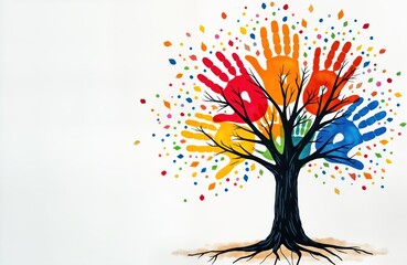 Colorful tree design shows diversity. Handprints in various colors create branches, leaves. Visual concept represents unity in diversity, inclusion. Powerful eco design. Positive message. Ideal for