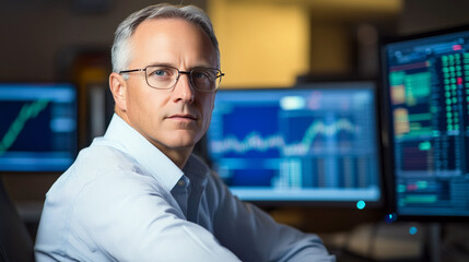 Confident mature caucasian male financial analyst in office with monitors displaying stock market data