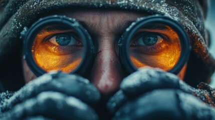 Soldier observing snowy landscape at night
