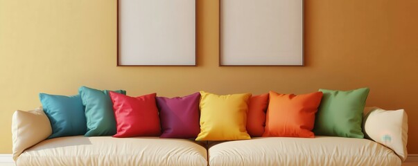 Colorful couch with multicolored pillows in modern living room setting