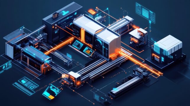 Futuristic isometric view of an automated assembly line managing production process in a smart factory, optimizing efficiency and productivity through innovative technology