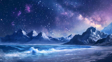 Fototapeta premium Milky way galaxy over ocean beach night sky starscape. Galactic Shores. Illustration