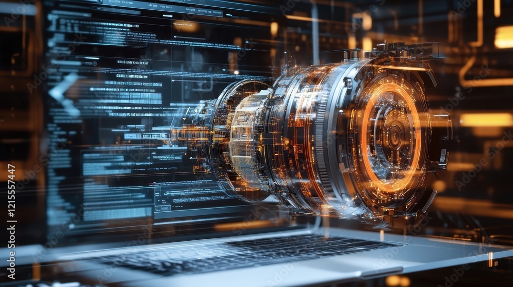 Poster complex futuristic engine design unfolding on a laptop screen, featuring intricate coding and progra