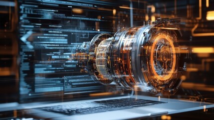 Complex futuristic engine design unfolding on a laptop screen, featuring intricate coding and programming languages in a dimly lit server room, highlighting advanced technology and innovation