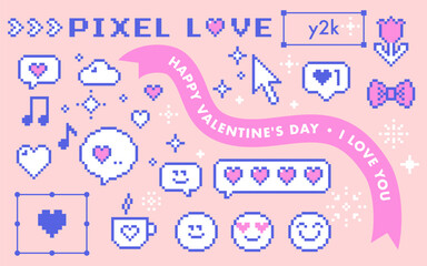 Valentine day y2k pixel elements set. Cute vintage love design. 14 February vector icons. I love U, heart, smiling face emoji, speech bubble. Abstract geometric simple shape. Game abstract elements