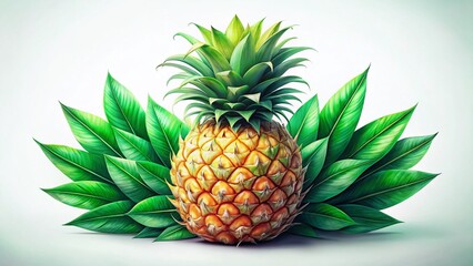 Obraz premium Surreal Hand-Drawn Pineapple Illustration: Vibrant Tropical Fruit with Lush Green Leaves on White Background