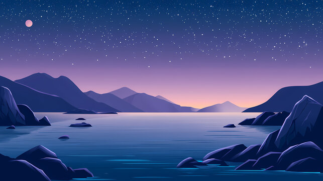 Serene night seascape with moonlit ocean, rocky shores, and distant mountains under a starry sky. Galactic Shores. Illustration