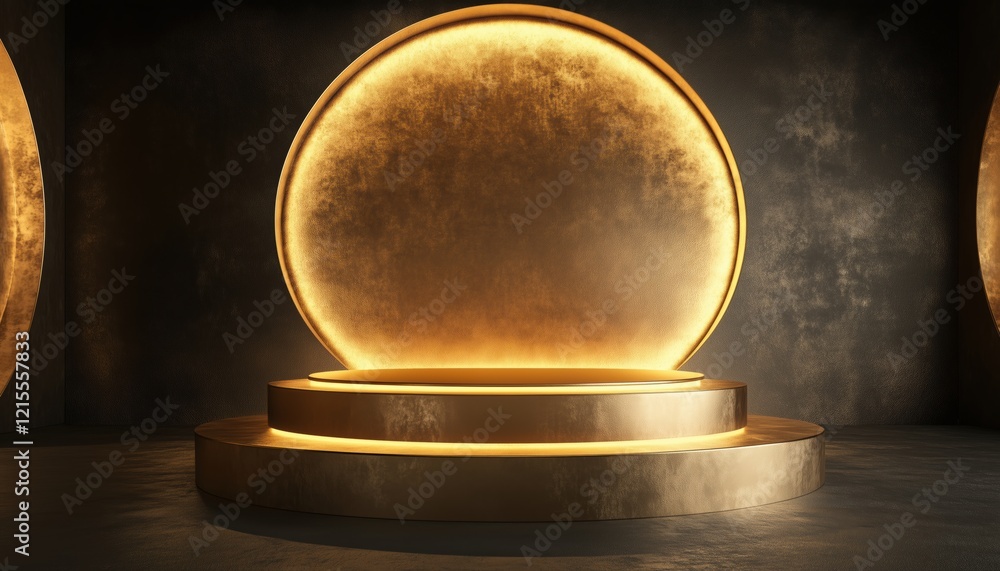 Poster creating a luxurious golden scene with geometric shapes, three empty pedestals, circular wall design