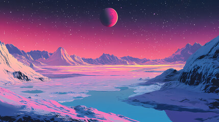 Naklejka premium Stunning alien landscape with a frozen lake surrounded by snow capped mountains under a starry night sky with a distant planet hovering above the horizon. Galactic Shores. Illustration