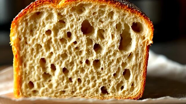 Close-up of crusty sliced bread loaf with airy texture indoors