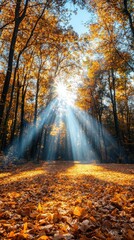 Autumn serenity golden leaves and heavenly light rays embracing nature's splendor in a peaceful forest setting