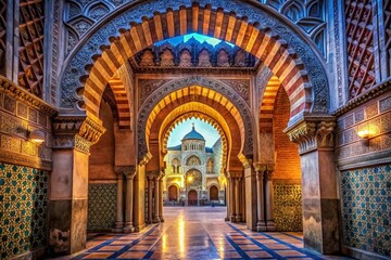 Obraz premium Surreal Mezquita Cordoba: Viziers Gate, Moorish Architecture, Intricate Design, Spanish Courtyard