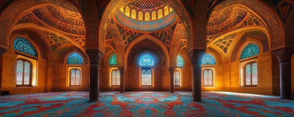 Obraz premium Vibrant dome and stained glass arches in colorful mosque interior
