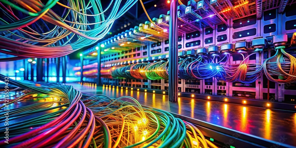 Poster surreal network hub: data streams & connectivity in vibrant abstract